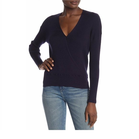 Elodie Women Surplice neck Ribbed Wrap Sweater | Size - Small | NAVY - Picture 1 of 1